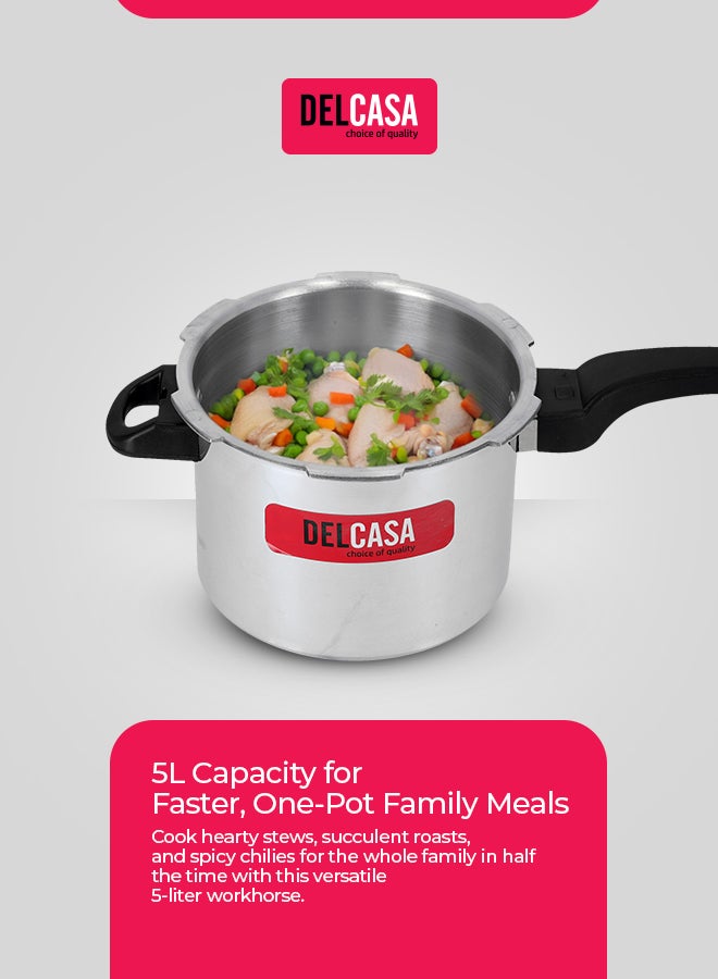 DELCASA Aluminium 5Liter Lightweight And Durable Fast And Energy Efficient Cooking Pressure Cooker With Out Lid Silver 5Liters - Image 2