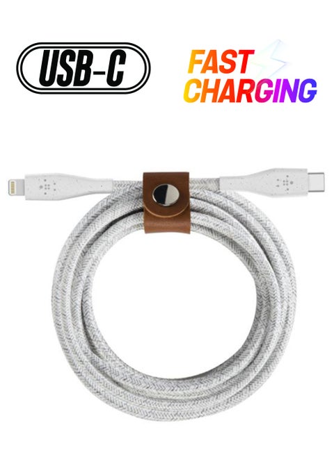 Braided BoostCharge USB-C Cable With Lightning Connector + Strap (Made With Duratek) - Type C To Lightning, Apple Cable For iPhone 13, 13 Pro, 13 Pro Max, 13 Mini And More, 4Ft/1.2M White