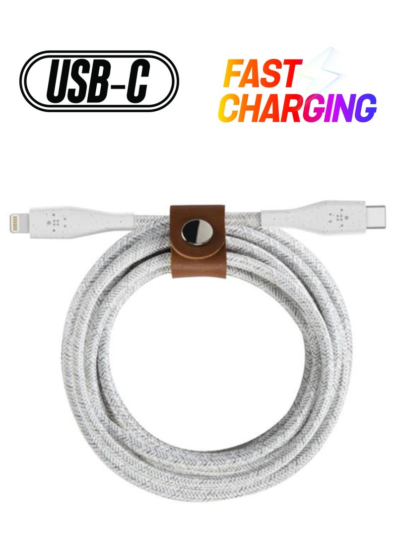 belkin Braided BoostCharge USB-C Cable With Lightning Connector + Strap (Made With Duratek) - Type C To Lightning, Apple Cable For iPhone 13, 13 Pro, 13 Pro Max, 13 Mini And More, 4Ft/1.2M White  - Image 1