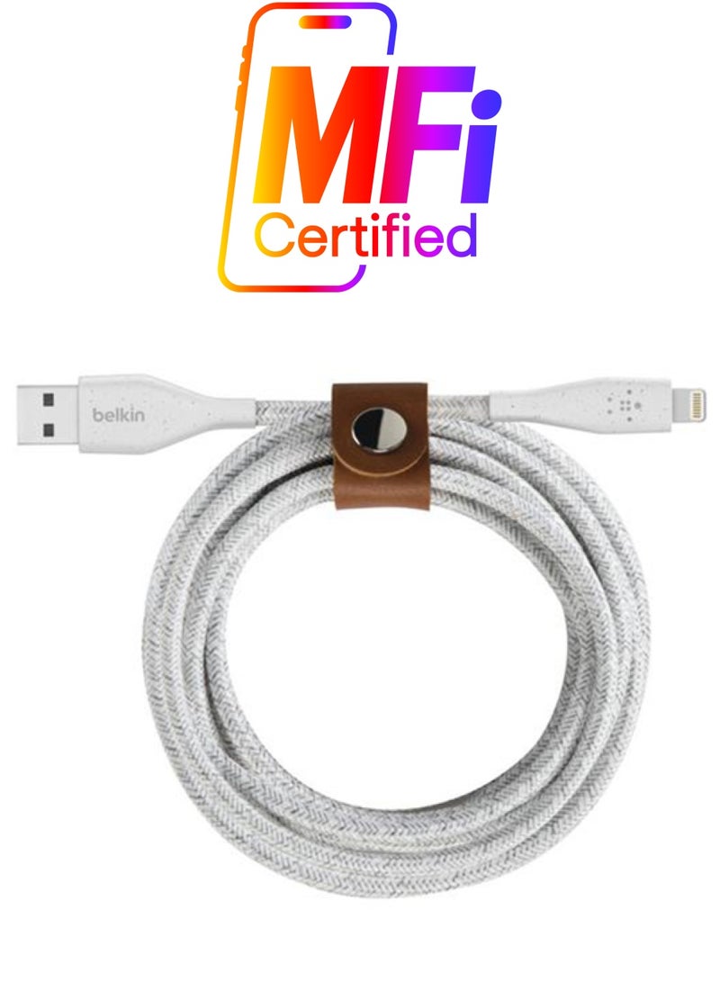 belkin - Braided 10 Ft/3 M DuraTek Plus Lightning To USB-A Cable With Strap, iPhone Charger Cable, Apple Cable For iPhone 15, 14, 13, 12, 11 Pro, Pro Max, Plus AirPods, iPad And More White - Image 1