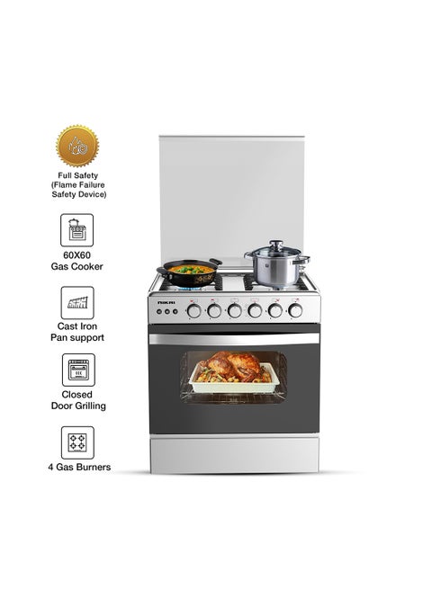 60X60cm 4 Burner Full Safety FreestAnding Gas Cooker, Auto Ignition, Double Glass Oven Door For Close Door Grilling With Turnspit, Glass Lid And Oven Lamp U6070EG Silver
