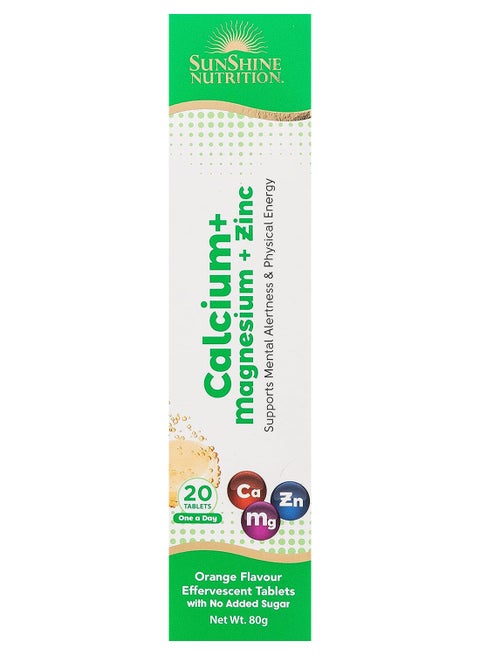 Effervescent Tablets Enriched With Calcium, Magnesium And Zinc Orange Flavour Supports Mental Alertness And Physical Energy No Added Sugar 20 Tablets 80G