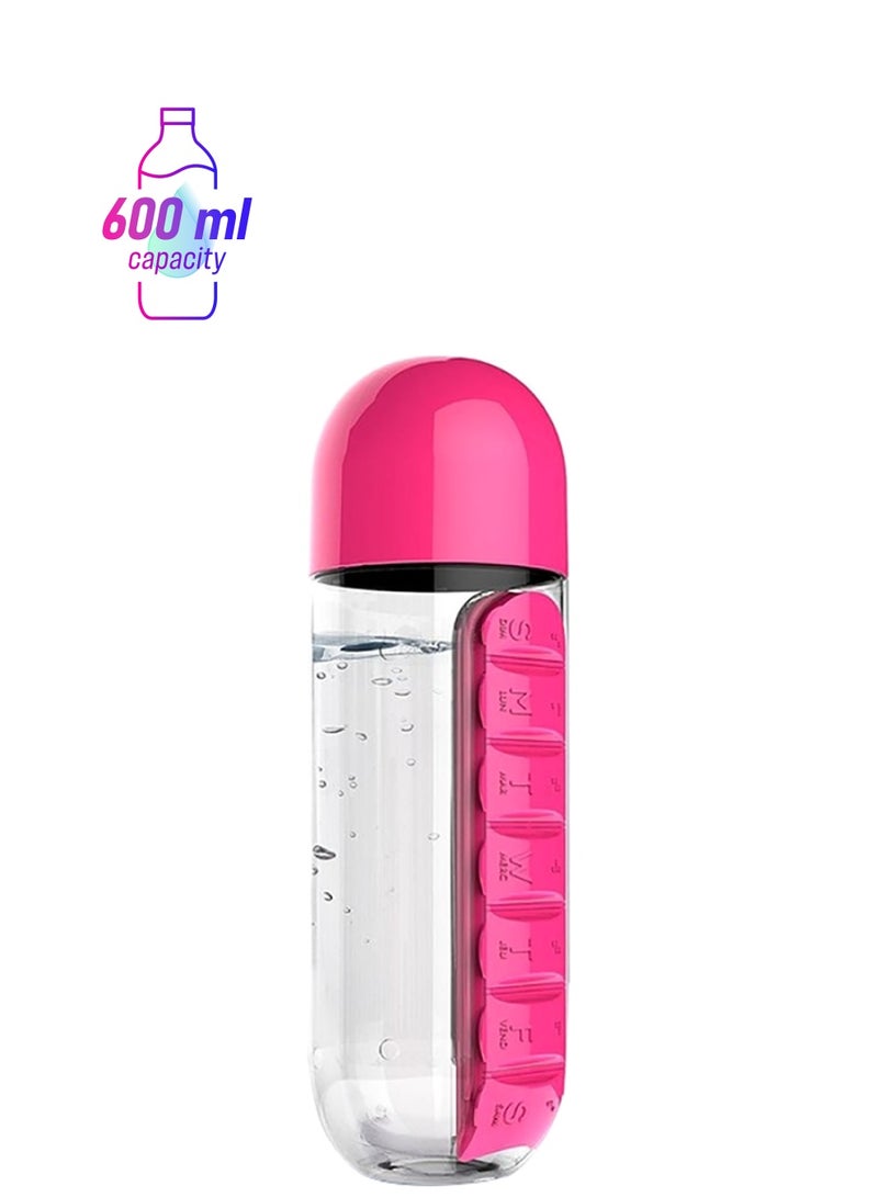 Free Convenient Water Bottle With Daily Pill Box Clear/Pink 