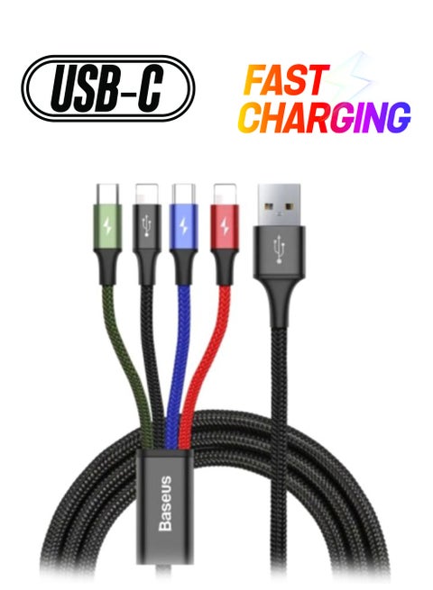4-in-1 Rapid Series Fast Charging Cable for Type-C x 2 + iPhone + Micro USB Data Sync Charging Cable for Samsung s9 s8 Plus Note 9 8 3.5A 1.2M Black