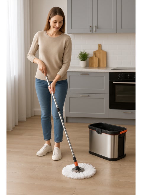 3 Piece 360 Degree Rotating Magic Spin Mop And Bucket Set Silver/Black 18x47x 28cm