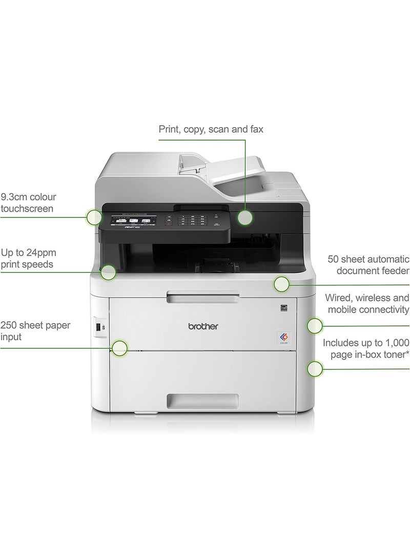 brother - MFC-L3750CDW Colour Laser Printer - All-in-One, Wireless/USB 2.0, Printer/Scanner/Copier/Fax Machine, 2 Sided Printing, 24PPM, A4 Printer, Small Office/Home Office Printer White/Black - Image 1