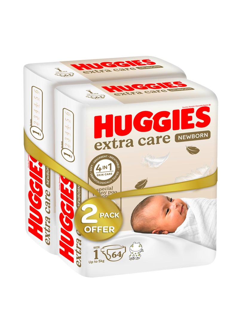 هجيز حفاضات أطفال من إكسترا كير، لحديثي الولادة، مقاس 1، لوزن يصل إلى 5 كجم، 128 قطعة - عبوة ضخمة للغاية، عناية لطيفة بالبشرة، مادة قابلة للتنفس - Image 1