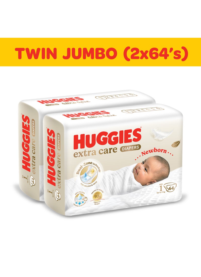 HUGGIES Extra Care Newborn Diapers, Disposable Diapers Size 1 (Up to 5kg) Twin Jumbo Pack of 128 Diapers - Image 1