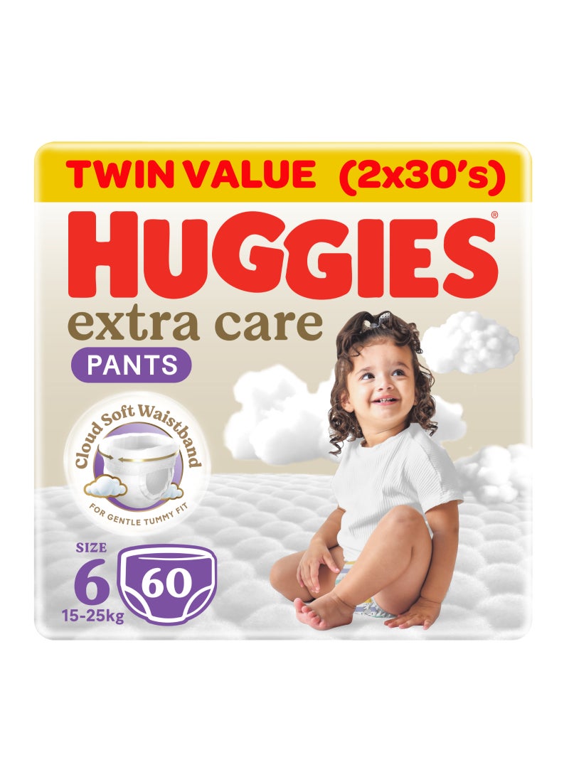 HUGGIES Extra Care Baby Pants Diapers, Size 6, 15 - 25 Kg, 60 Count (30 x 2) - Mega Pack, Cloud Soft Comfort, Dry Touch Layer - Image 1