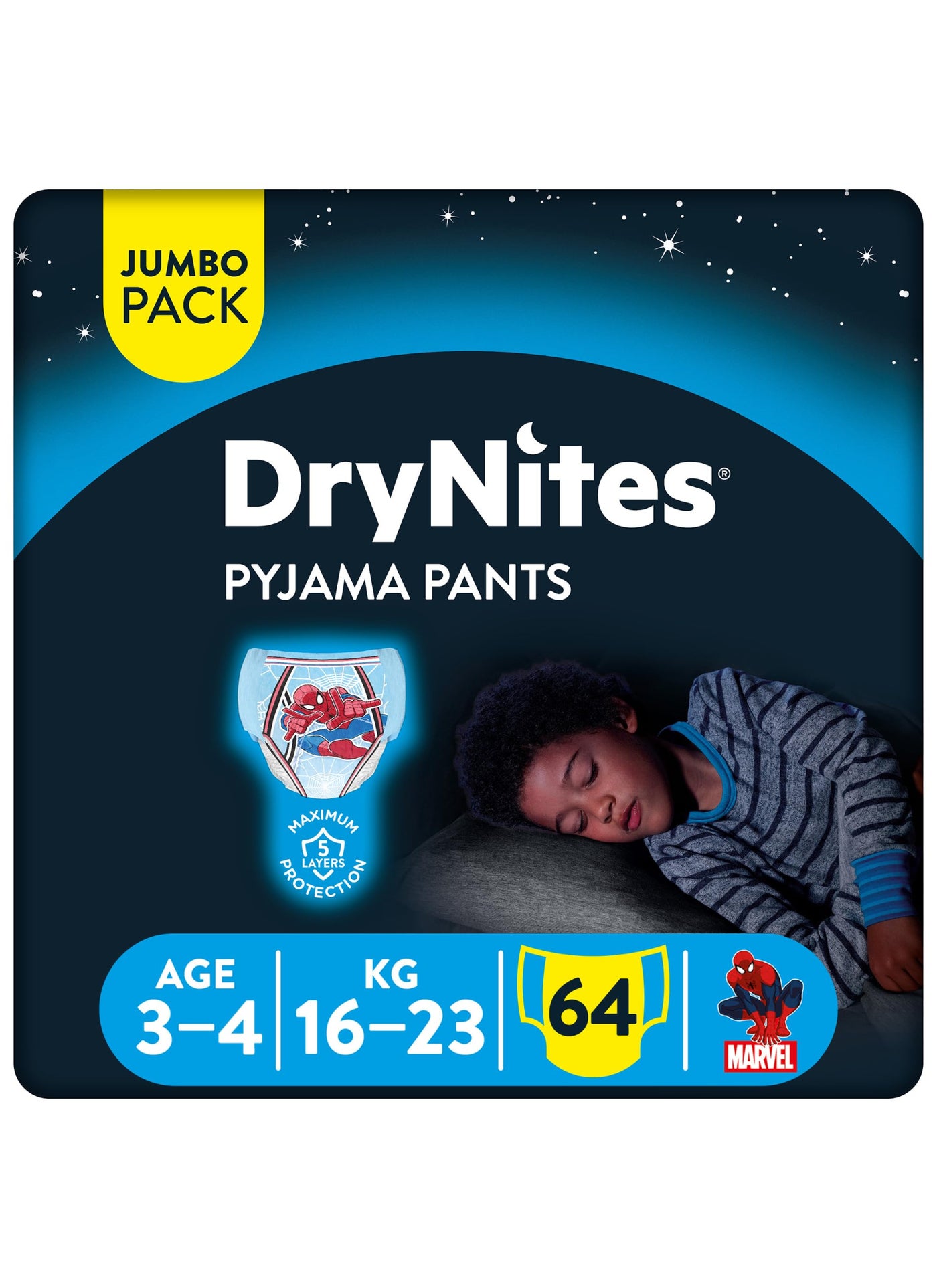 HUGGIES Dry Nites Pyjama Pants, 16 - 23 Kg, 3 - 5 Years, 64 Count (16 x 4) - Boys, Jumbo Pack, Maximum 5 Layer Protection, Marvel