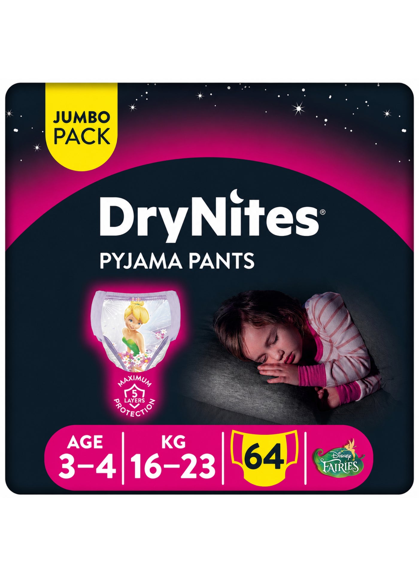 HUGGIES Dry Nites Pyjama Pants, 16 - 23 Kg, 3 - 5 Years, 64 Count (16 x 4) - Girls, Jumbo Pack, Maximum 5 Layer Protection, Disney Fairies