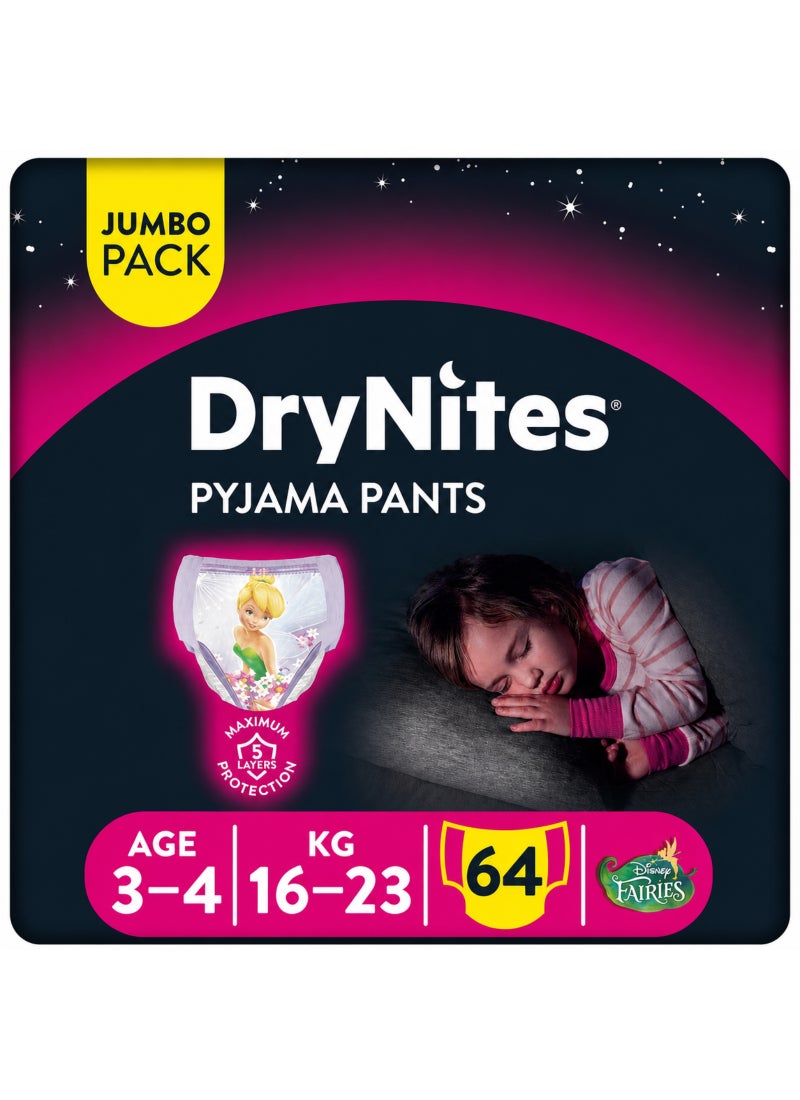 HUGGIES Dry Nites Pyjama Pants, 16 - 23 Kg, 3 - 5 Years, 64 Count (16 x 4) - Girls, Jumbo Pack, Maximum 5 Layer Protection, Disney Fairies - Image 1