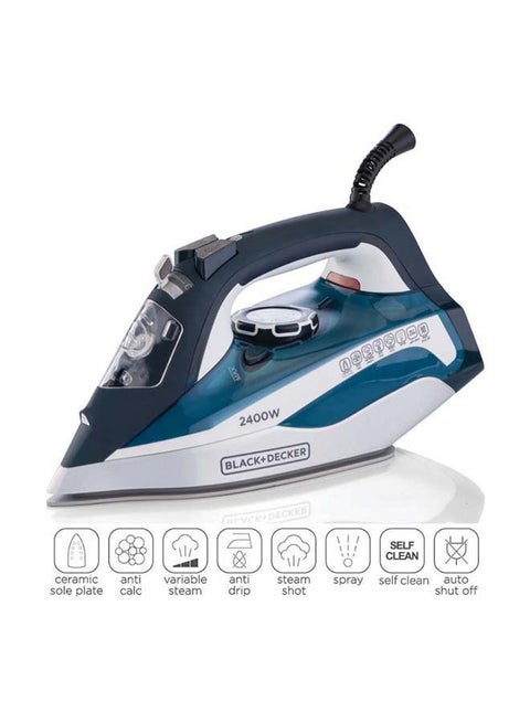 Steam Iron, 380ml Water Tank, Ceramic-Coated Soleplate, Anti-Drip, Anti-Calc, Auto Shutoff, Vertical Steam, Self-Clean, Steam Burst, 35g/min Continuous Steam, 380 ml 2400 W X2150-B5 Blue/White