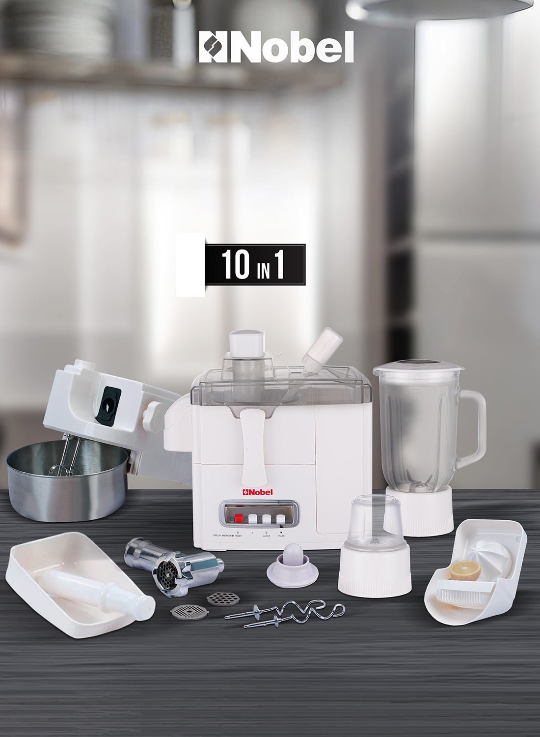 10-in-1 Food Processor Juicer Blender, Meat Grinder, Kubbe Maker, Citrus Juicer, Stainless Steel Strainer & Bowl, Multi-Speed Piano Switch 1 L 400 W NFP888 White/Grey