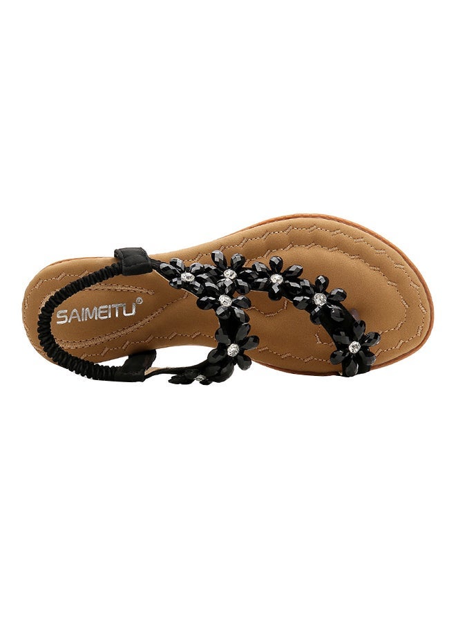 Fashion Rhinestone Thong Flat Elastic Band Sandals Black  - Image 1