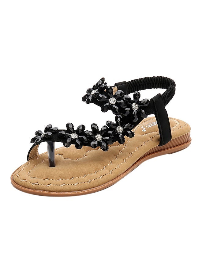 Fashion Rhinestone Thong Flat Elastic Band Sandals Black  - Image 2
