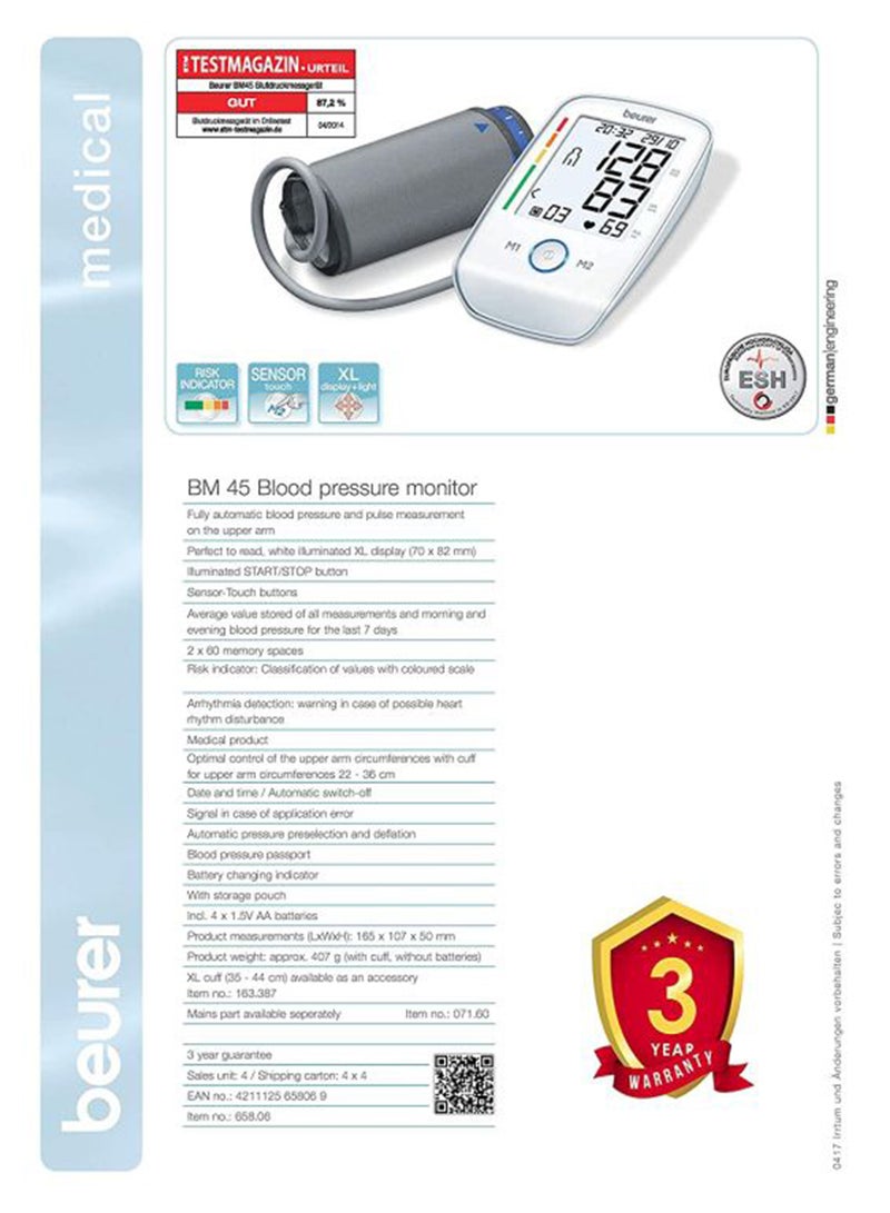 Beurer BM 45 Upper Arm Blood Pressure Monitor | Fully Automatic with Touch Sensor Buttons, Large LCD Display & Irregular Heartbeat Detection - Image 5