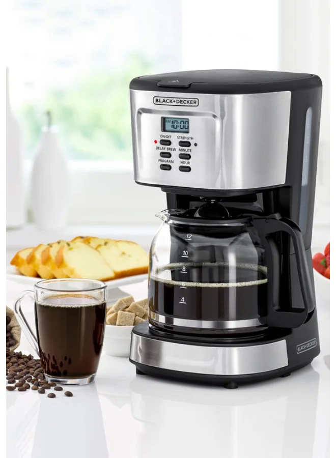 BLACK+DECKER 12-Cup Coffee Maker, Programmable Drip Coffee Machine, 1.5L Glass Carafe, 24-Hour Timer, Keep Warm Function, LCD Display, Auto Shut-Off, Boil Dry Protection, 1.5 L 900 W DCM85-B5 Black/Silver