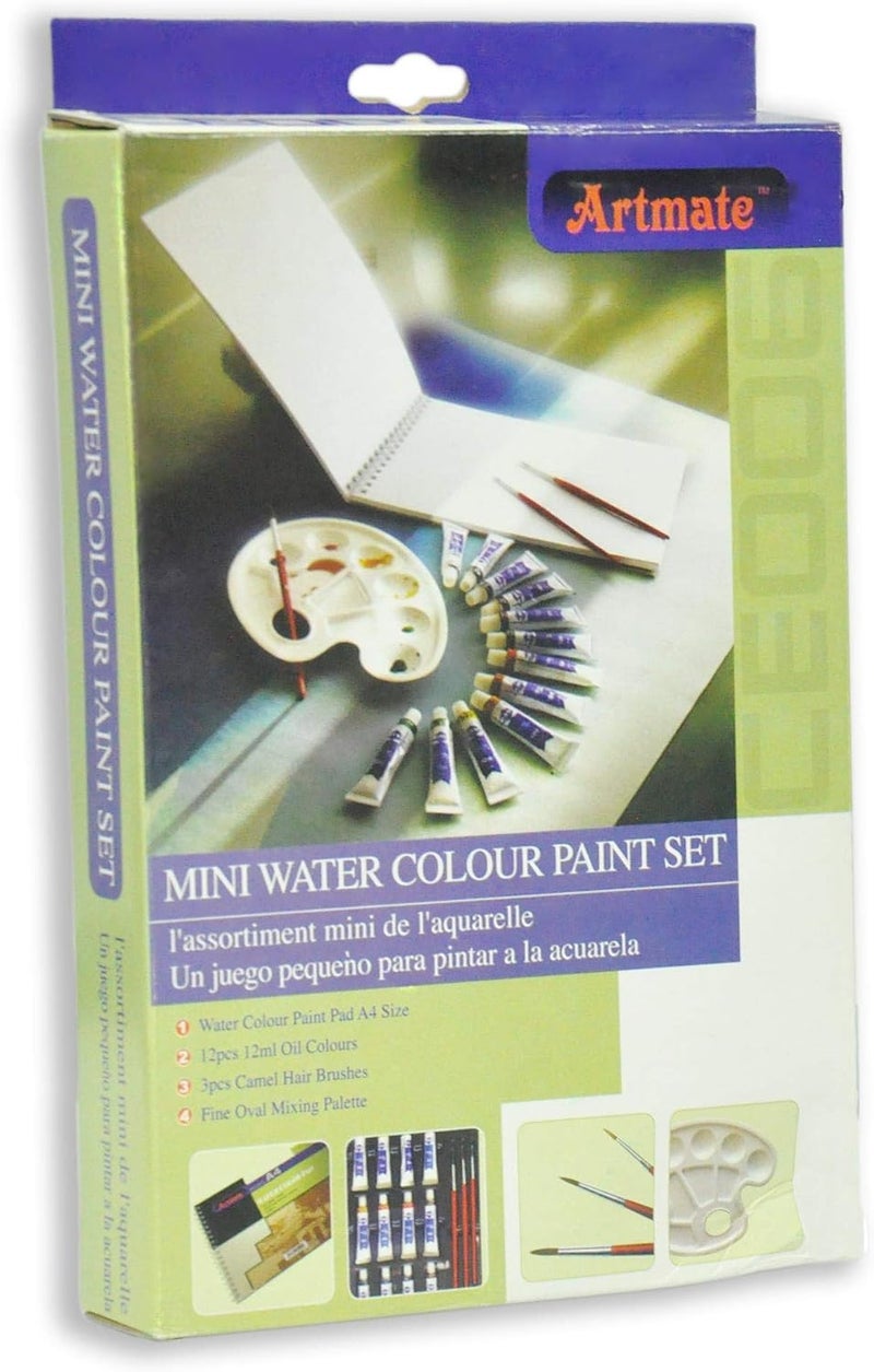Artmate Mini Water Colour Paint Set - 12 Oil Colours with Palette and Brushes Multi - Image 1