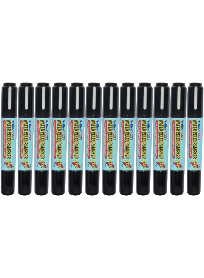 Artline 325T 2 in 1 Water Colour Markers, Pack of 12, Black, Acrylic Fibre Tip Black - Image 1