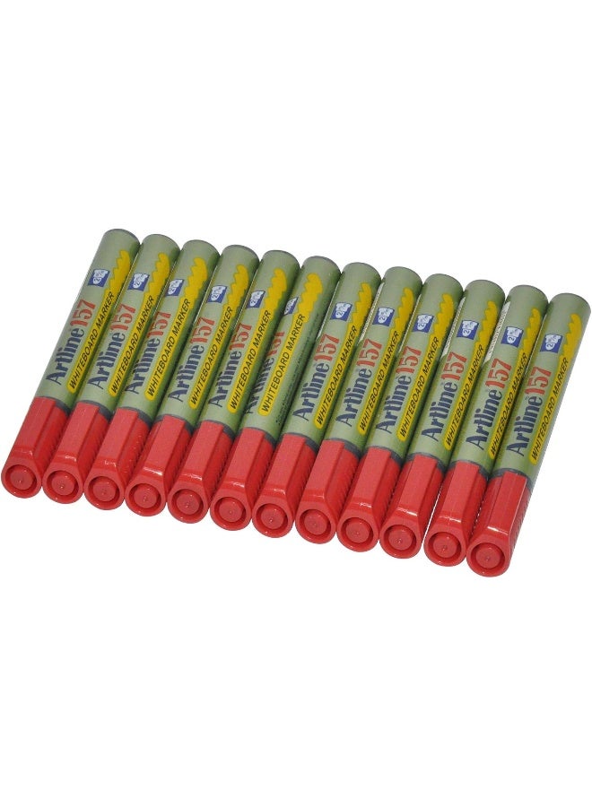 Artline 157 Whiteboard Markers, 2.0mm, Red, Pack of 12 Pieces, Acrylic Fibre Tip, Bullet Style Red - Image 1