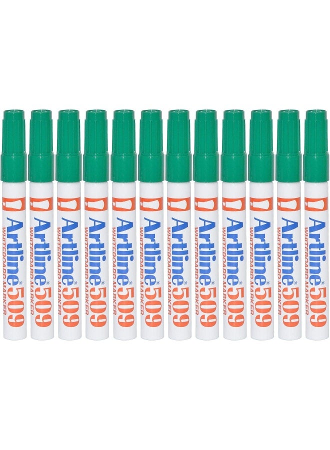 Artline 509 Whiteboard Markers, 2.0-5.0mm, Pack of 12 Pieces, Green, Acrylic Fibre Tip, Chisel Style Green - Image 1