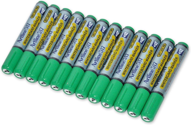 Artline 517 Whiteboard Markers, 2.0mm, Pack of 12 Pieces, Green, Polyester Fibre Tip, Bullet Style Green - Image 1