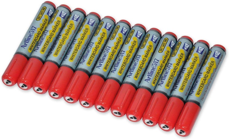 Artline 517 Whiteboard Markers, 2.0mm, Pack of 12 Pieces, Red, Polyester Fibre Tip, Bullet Style Red - Image 1