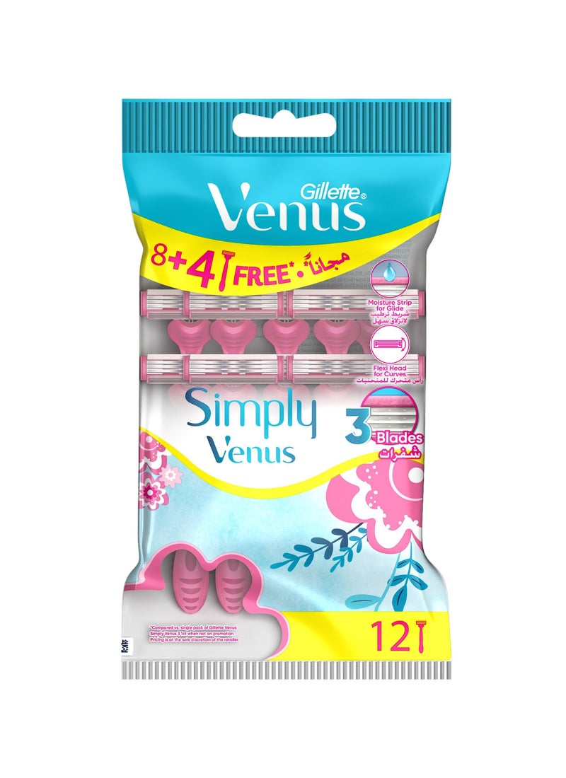 Venus Simply Venus3 Woman's Disposable Razor: 12 Razors - Image 1