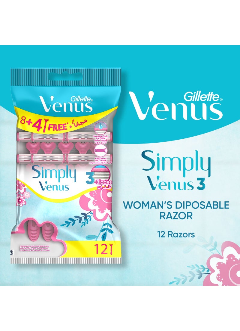 Venus Simply Venus3 Woman's Disposable Razor: 12 Razors - Image 2