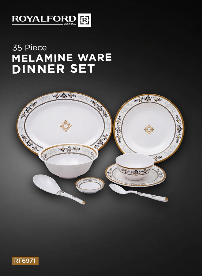 Royalford 35 Pcs Melamine Dinner Set – Oval Plate, Deep Plates, Dinner Plates, Round Bowls, Small Dishes, Rice Spoons and Soup Spoons| Top-Rack Dishwasher-Safe and Freezer-Friendly| Eco-Friendly and Food-Grade| White and Golden White 39.5x28x19.5cm - Image 1