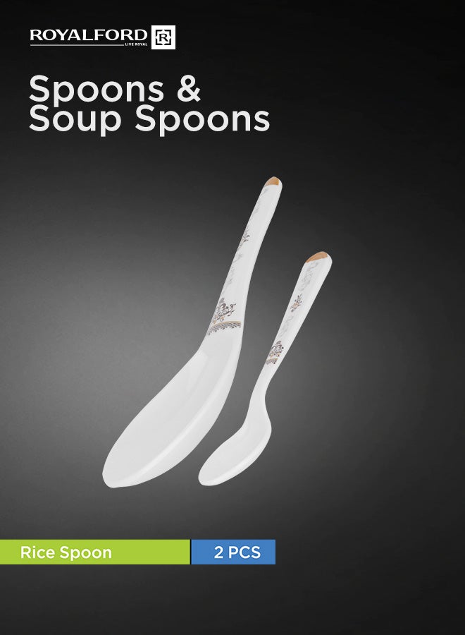 Royalford 35 Pcs Melamine Dinner Set – Oval Plate, Deep Plates, Dinner Plates, Round Bowls, Small Dishes, Rice Spoons and Soup Spoons| Top-Rack Dishwasher-Safe and Freezer-Friendly| Eco-Friendly and Food-Grade| White and Golden White 39.5x28x19.5cm - Image 4