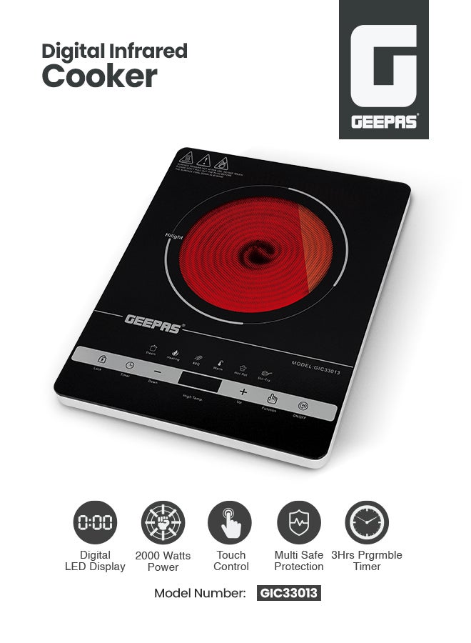 GEEPAS - Digital Infrared Cooker With 2000W Ceramic Heating Element, 4 Digit LED Display, Touch Control, 10 Power/Temperature Levels For Adjustment, 3hr Programmable Timer 2000 W Gic33013 Black/Red - Image 1