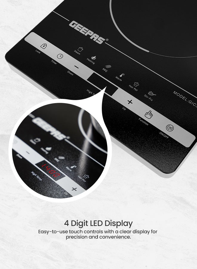 GEEPAS - Digital Infrared Cooker With 2000W Ceramic Heating Element, 4 Digit LED Display, Touch Control, 10 Power/Temperature Levels For Adjustment, 3hr Programmable Timer 2000 W Gic33013 Black/Red - Image 1