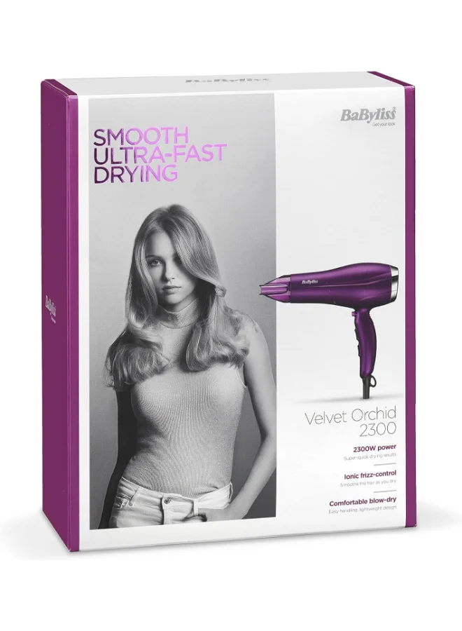 babyliss Velvet Orchid 2300 DC Hair Dryer, Built-in 3 Heat & 2 Speed Settings With Cool Shot, Ionic frizz-Control For Smooth Hair, Stylish Lightweight Design For Comfort Use, 5513PSDE Purple