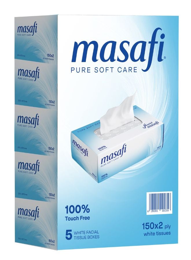 Masafi Facial Tissues, 2 Ply, 150 Sheets, Pack Of 5 White  - Image 1