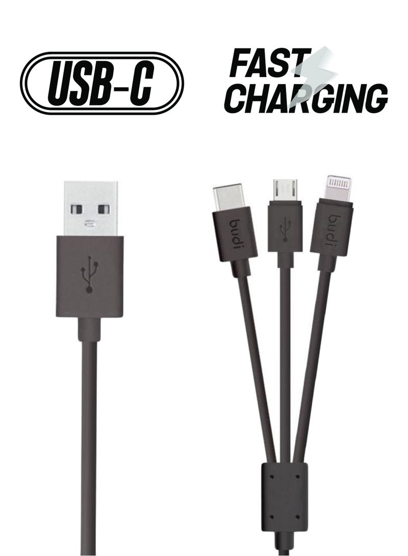 budi 3-In-1 Micro USB Data Sync Charging Cable Black/Silver - Image 1