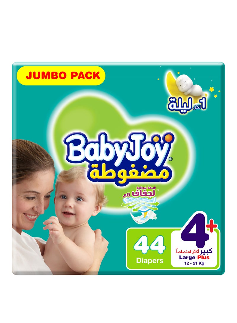 بيبي جوي حفاضات بحشوة ماسية مضغوطة، مقاس +4 كبير أكثر امتصاصاً، لوزن من 12 إلى 21 كجم، عبوة جامبو من 44 حفاضة - Image 1