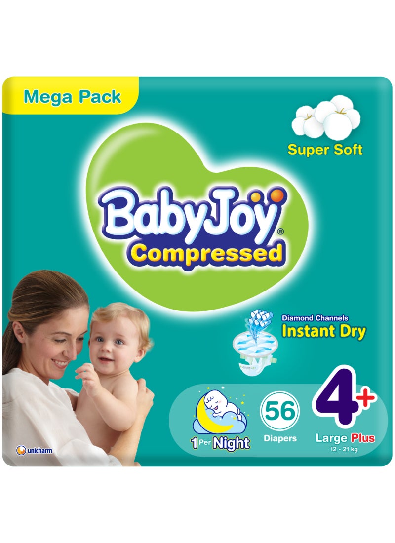 BabyJoy Compressed Diamond Pad Diaper, Size 4+, Large Plus, 12-21 Kg, Mega Pack, 56 Diapers  - Image 1