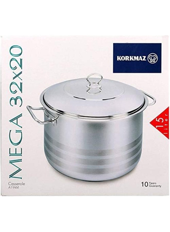 Korkmaz - Sturdy And Durable Exclusive Shaped Cool Touch Handle Low Casserole With Lid Silver 15Liters - Image 1