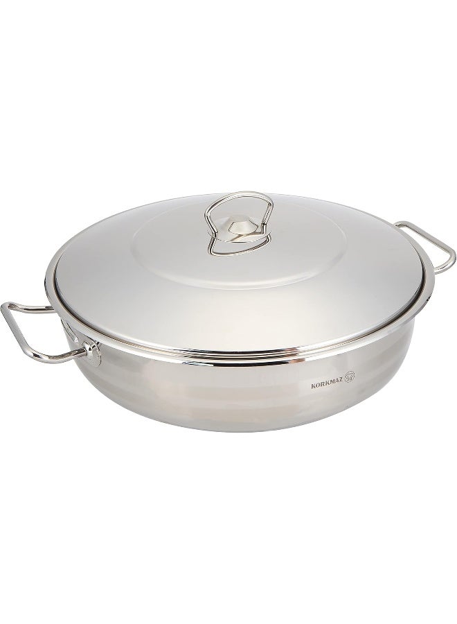 Korkmaz Stainless Steel Low Casserole Sauce Pot Stockpot With Lid And Handle Silver 10Liters  - Image 2