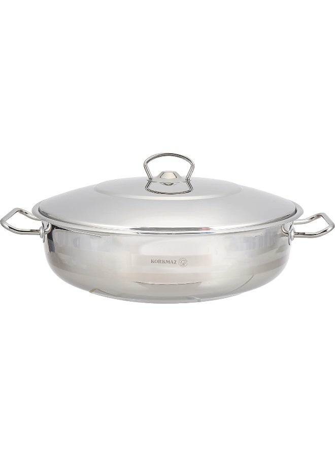 Korkmaz Stainless Steel Low Casserole Sauce Pot Stockpot With Lid And Handle Silver 10Liters  - Image 3