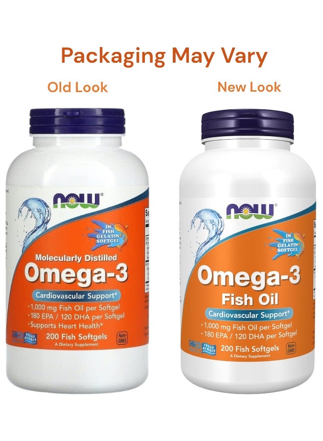 Now Foods - Omega-3 1000mg, Molecularly Distilled 200 Fish Softgels 180 EPA /120 DHA - Image 1