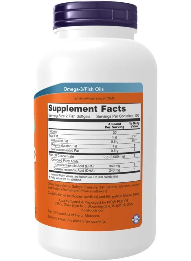 Now Foods - Omega-3 1000mg, Molecularly Distilled 200 Fish Softgels 180 EPA /120 DHA - Image 1