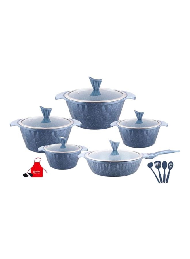 DESSINI 17-Piece Granite Energy Saving Aluminum Cookware Set Blue Casserole With Lid 1x20, Casserole With Lid 1x24, Casserole With Lid 1x28, Casserole With Lid 1x32, Shallow Casserole With Lid 1x28cm 