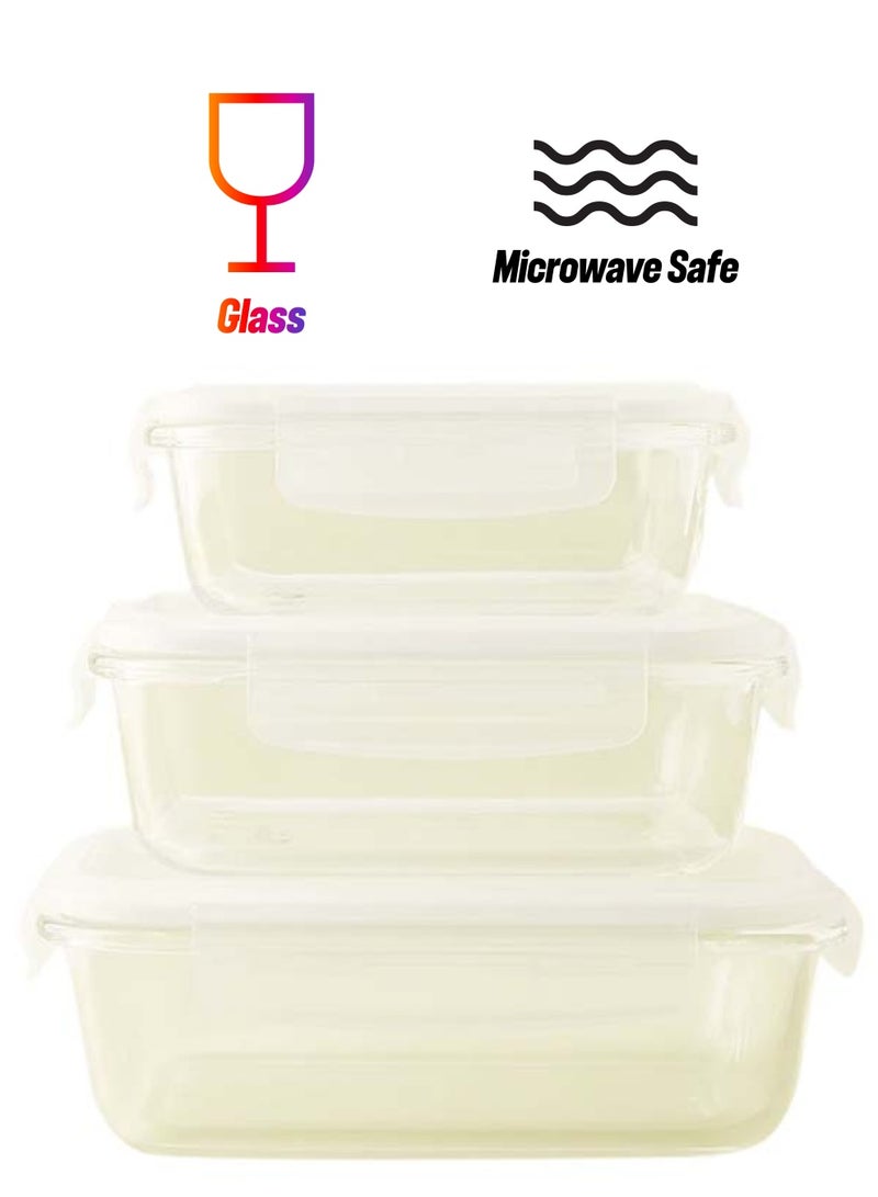 Noon East 3 Piece Borosilicate Glass Food Container Set - Airtight Lids - Lunch Box - Rectangle - Food Storage Box - Storage Boxes - Kitchen Cabinet Organizers - Glass Food Container - White White 3-Piece (Rectangle)  - Image 1