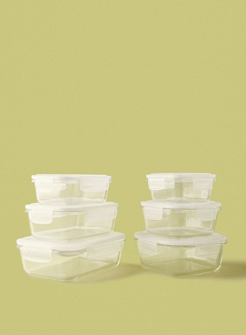 6 Piece Borosilicate Glass Food Container Set - Airtight Lids - Lunch Box - Rectangle + Square - Food Storage Box - Storage Boxes - Kitchen Cabinet Organizers - Glass Food Container - White White 6-Piece (Rectangle/Square)