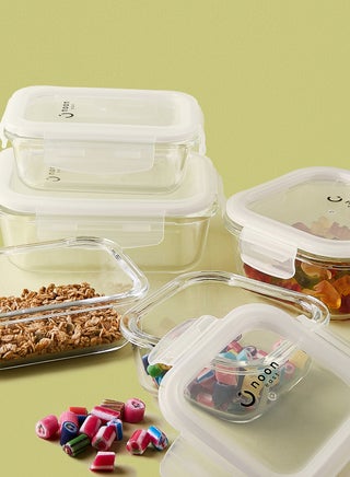 6 Piece Borosilicate Glass Food Container Set - Airtight Lids - Lunch Box - Rectangle + Square - Food Storage Box - Storage Boxes - Kitchen Cabinet Organizers - Glass Food Container - White White 6-Piece (Rectangle/Square) - view 4