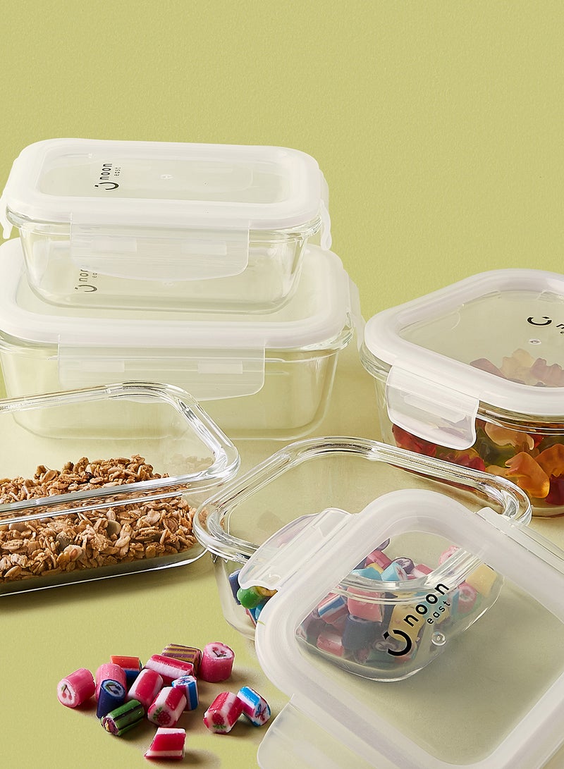 ايست من نون طقم علب طعام مصنوعة من الزجاج ومزود بأغطية محكمة الإغلاق مكون من 6 قطع - علب بتصميم مستطيل ومربع الشكل لتخزين الطعام - لون أبيض أبيض 6-Piece (Rectangle/Square) - Image 4