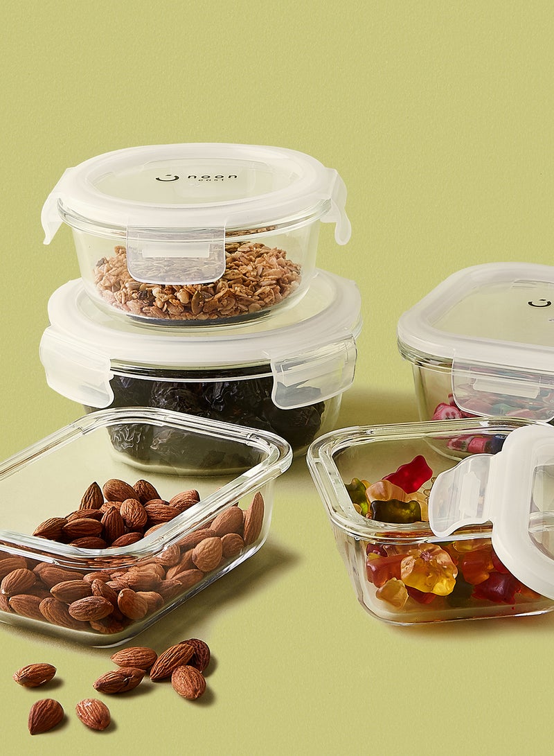 ايست من نون طقم علب طعام مصنوعة من الزجاج ومزود بأغطية محكمة الإغلاق مكون من 9 قطع - علب بتصميم مستطيل ومربع ومستدير الشكل لتخزين الطعام - لون أبيض أبيض 9-Piece (Round/Rectangle/Square) - Image 4